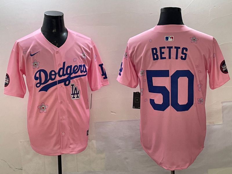 Men Los Angeles Dodgers #50 Betts Pink Sakura Edition 2025 Nike MLB Jersey style 10->los angeles dodgers->MLB Jersey
